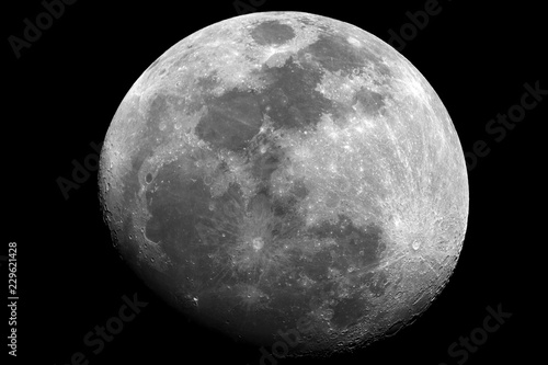 Waxing gibbous Moon phase, in a big Brightless close up, at 1500 mm of focal length, taken with reflector telescope, in black background.