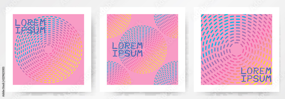 Colorful modern abstract posters, card with linear circles, gradients, textures, geometrical shape on pink background. Covers, templates. Vector illustration. Colorful modern abstract posters, card with linear circles, gradients, textures, geometrical shape on pink background. Covers, templates. Vector illustration.