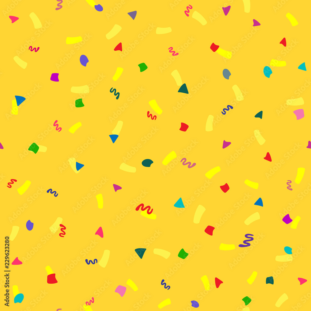 Scattered coloured confetti. Festive seamless pattern. Yellow, red, blue, green, purple. Scattered coloured confetti. Festive seamless pattern. Yellow, red, blue, green, purple.