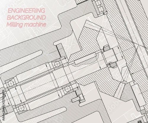 Mechanical engineering drawings on light background. Milling machine spindle. Technical Design. Cover. Vector illustration.