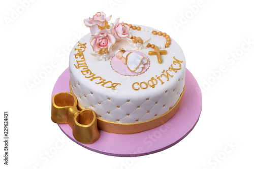 Fototapeta Naklejka Na Ścianę i Meble -  Decorative, religious cake at the baptism for the girl.