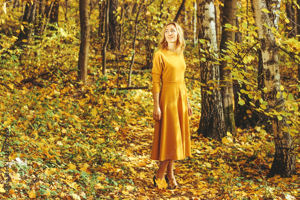 Young beautiful girl in a yellow long dress walks in autumn park with fallen leaves Young beautiful girl in a yellow long dress walks in autumn park with fallen leaves