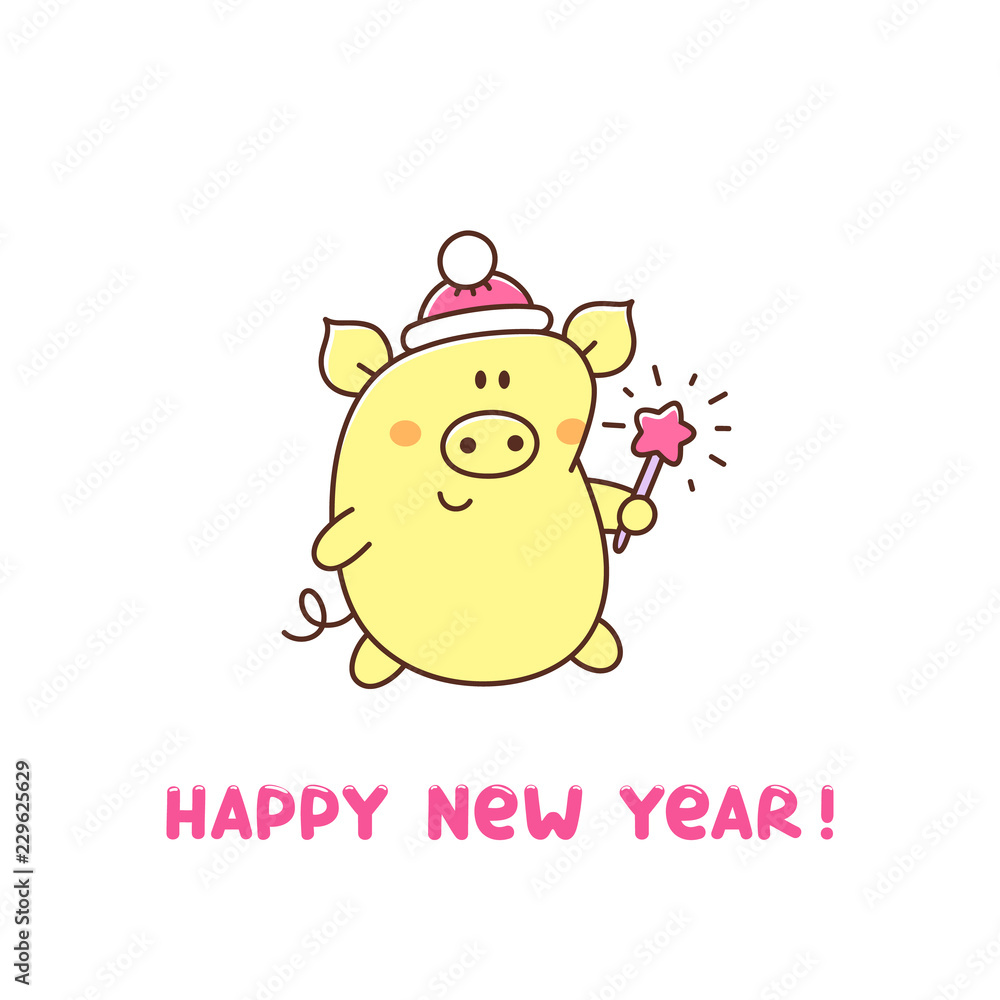 Сute yellow pig in a Santa Claus hat with Bengal fire. Happy New Year card. It can be used for sticker, patch, phone case, poster, t-shirt, mug and other design.