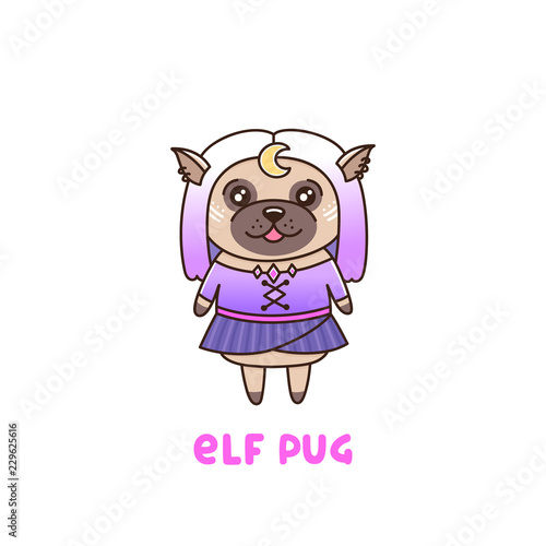 Сute dog breed pug in a elf costume with moon. It can be used for sticker, patch, phone case, poster, t-shirt, mug and other design.