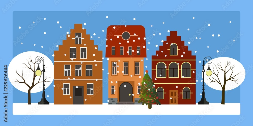 Winter Christmas city with trees and houses and street lamps and New year tree.