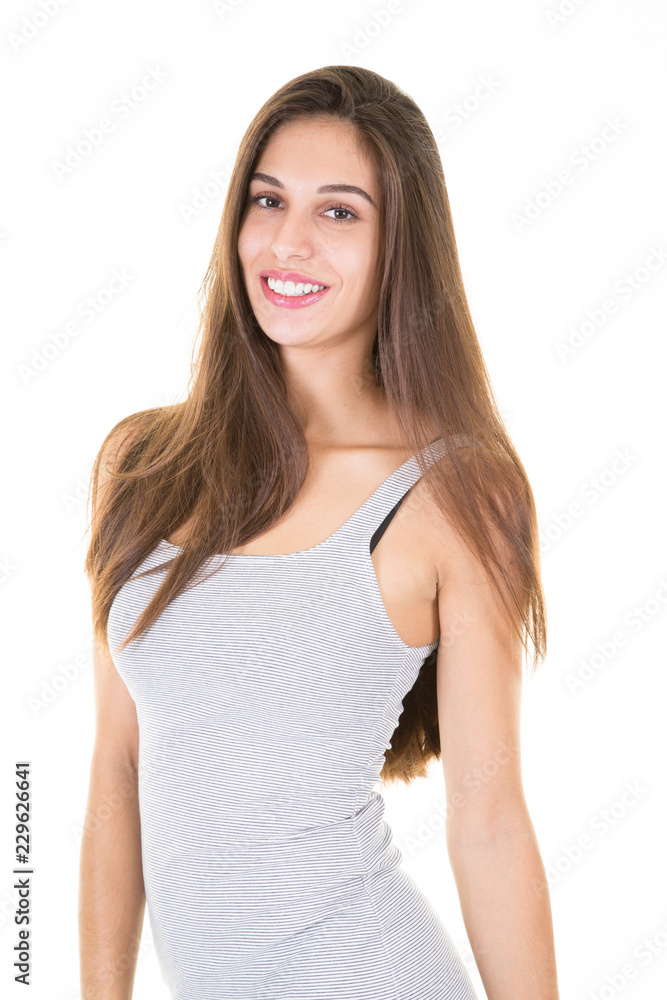 young woman girl in slim beauty grey dress on white background young woman girl in slim beauty grey dress on white background