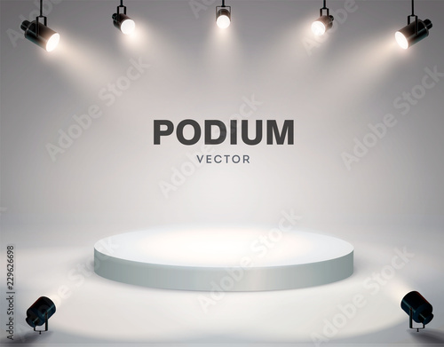 Round podium illuminated by searchlights. Stock vector illustration.