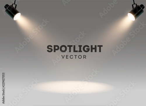 Spotlights with bright white light shining stage vector set. Illuminated effect form projector, illustration of projector for studio illumination photo