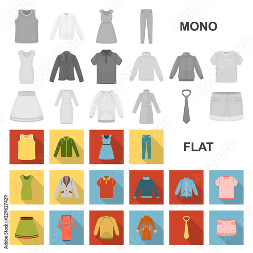 Different kinds of clothes flat icons in set collection for design. Clothes and style vector symbol stock web illustration.