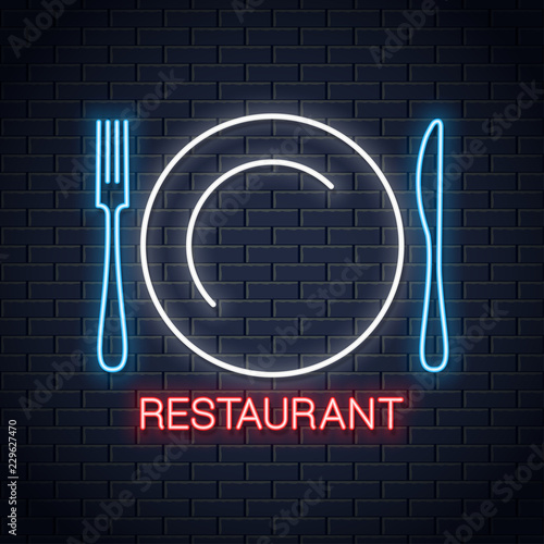 Plate with fork and knife neon sign. Restaurant neon logo on wall background