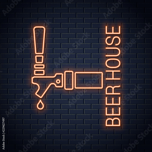 Beer tap logo neon sign. Beer house neon icon on wall background