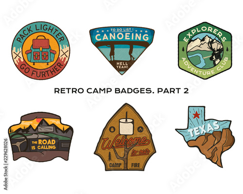 Vintage hand drawn travel badges set. Camping labels concepts. Mountain expedition logo designs. Outdoor hike emblems. Camp logotypes collection. Stock vector patches isolated