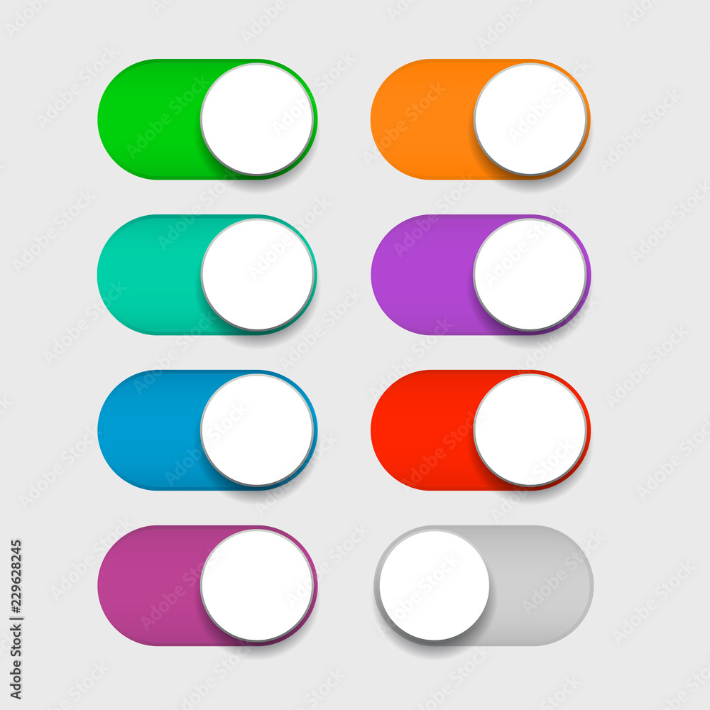Design mobile Ui interface switch toggle buttons, set sliders in ON position colored green, blue, cyan, purple, red, orange colors and OFF gray color. Vector illustration. EPS 10 Design mobile Ui interface switch toggle buttons, set sliders in ON position colored green, blue, cyan, purple, red, orange colors and OFF gray color. Vector illustration. EPS 10
