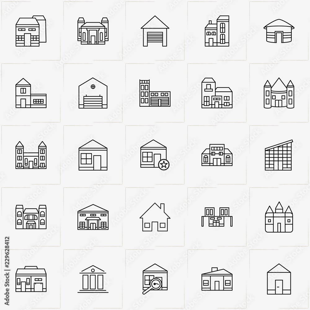 Buildings line icon set with bank, building and house