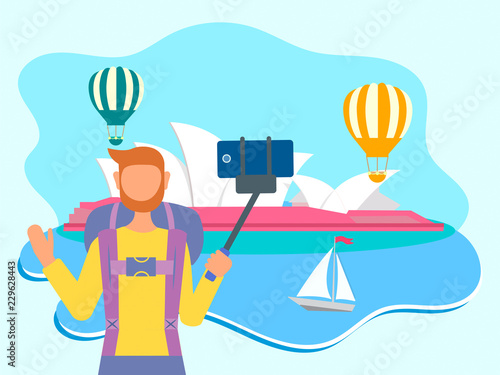 A tourist takes a selfie on a mobile phone on the background of Australia, Sydney.