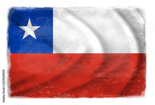 The Chile flag waving from the wind, proudly fluttering in the wind with traces of use in battle and destruction from difficult warfare 