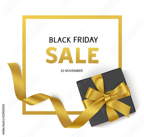 Black Friday Sale design template. Vector frame with decorative black gift box and golden bow with long ribbon isolated on white background