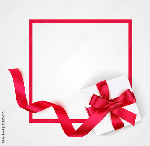 Red frame with white gift box, red bow and long ribbon for your design. Vector empty Sale design template
