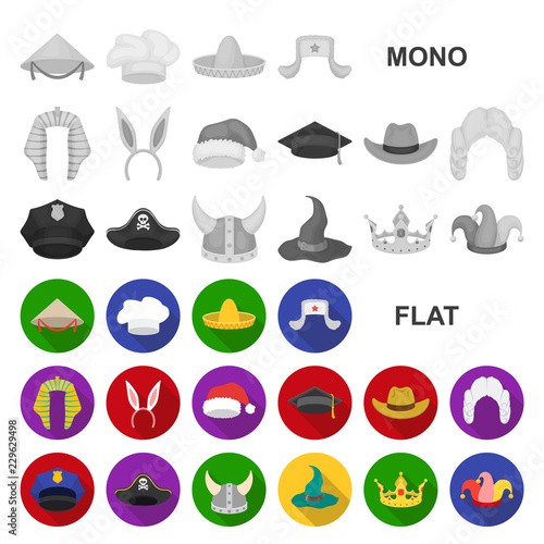 Different kinds of hats flat icons in set collection for design.Headdress vector symbol stock web illustration.
