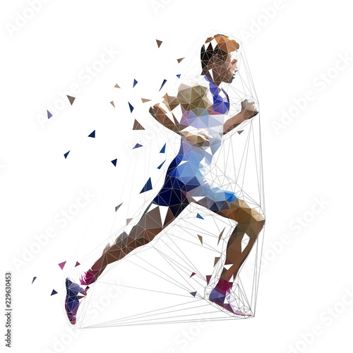 Runner, low polygonal vector illustration. Geometric sprinter, side view. Adult running man
