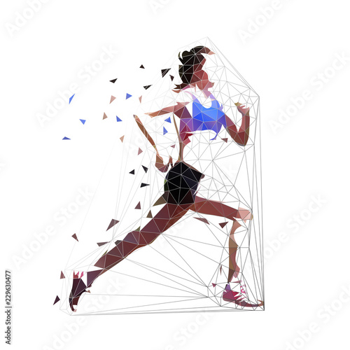 Running woman, low polygonal athlete. Isolated vector illustration, side view