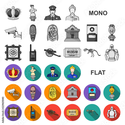 Museum and gallery flat icons in set collection for design. Storage and exhibition of showpiece vector symbol stock web illustration.
