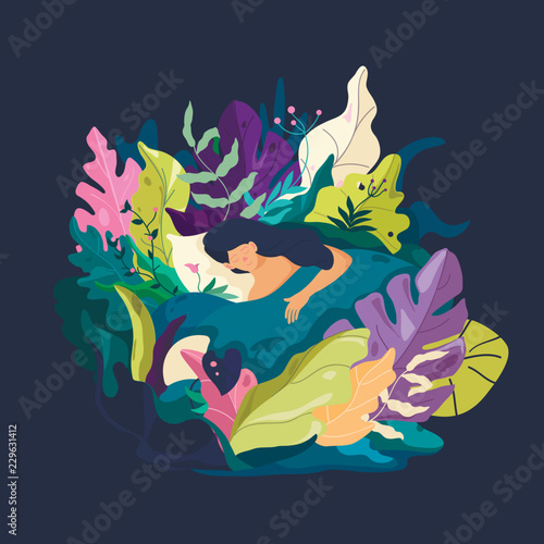 Sleeping dreaming girl character. Fantasy leaves background template. Dreaming fantasy illustration.