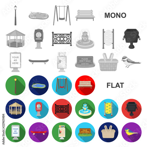 Park, equipment flat icons in set collection for design. Walking and rest vector symbol stock web illustration.
