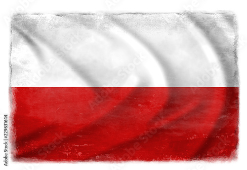  The Polish flag waving from the wind, proudly waving in the wind with traces of use in battle and destruction from difficult warfare 