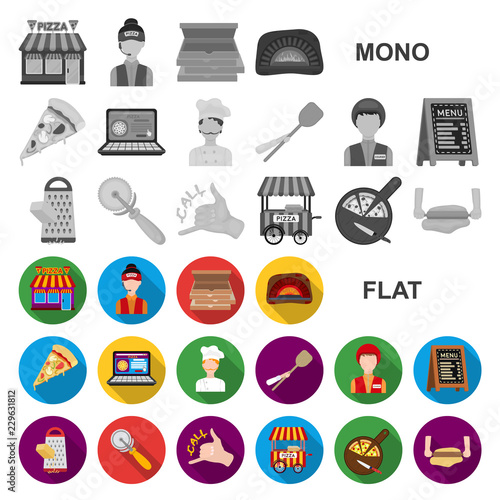 Pizza and pizzeria flat icons in set collection for design. Staff and equipment vector symbol stock web illustration.