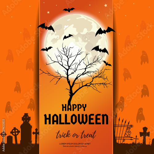 Halloween design. The dried tree in the cemetery with ghosts against the background of the full moon. Vector illustration