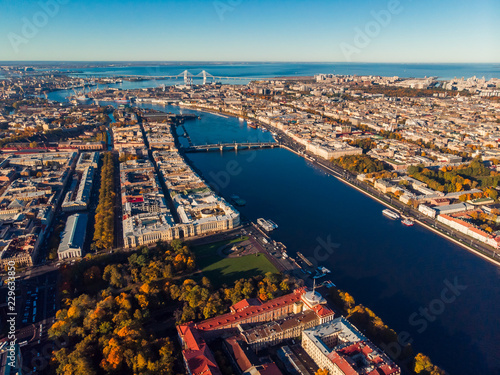 St. Petersburg top shooting aerial drone. View of city, Neva river, Finnish Bay and bridges .