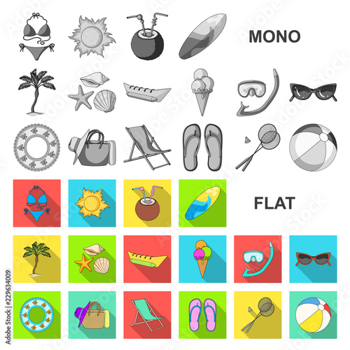 Summer rest flat icons in set collection for design. Beach accessory vector symbol stock web illustration.