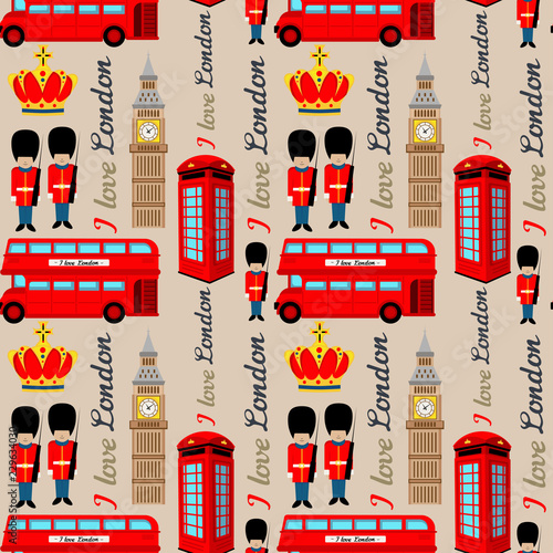 Abstract seamless london pattern for girls or boys. Creative vector background with soldier, tower, england. Funny pattern for textile and fabric. Fashion england style. Colorful bright picture