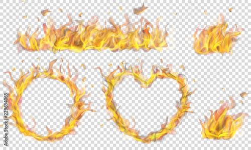Translucent heart, ring, campfire and long banner of fire flame on transparent background. Transparency only in vector format