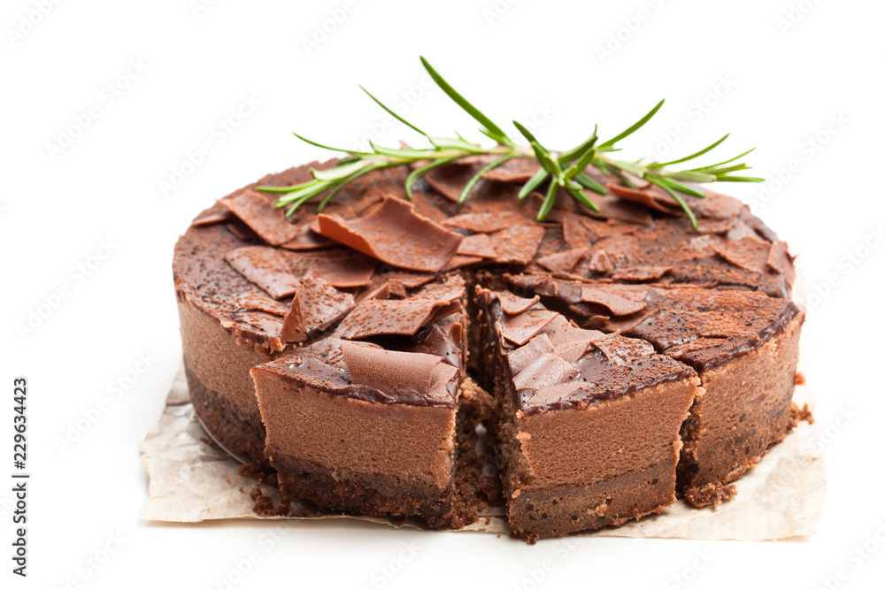 Baked belgian chocolate cheesecake with rosemary topped with chocolate ganache