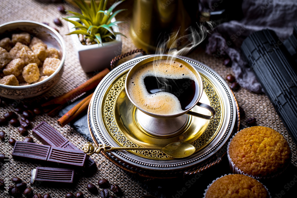 Black coffee on old background Black coffee on old background