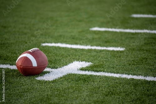 A brown leather american football on a green playing field photo