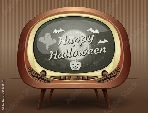 Halloween greeting card in retro style. Congratulations with Halloween on the screen of an old vintage TV. Vector illustration