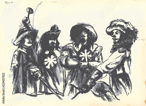 The Three Musketeers. An hand drawn illustration. Freehand drawing, painting. Vector