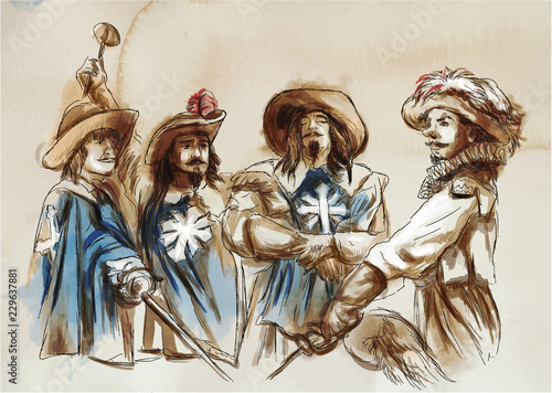 The Three Musketeers. An hand drawn illustration. Freehand drawing, painting. Vector photo