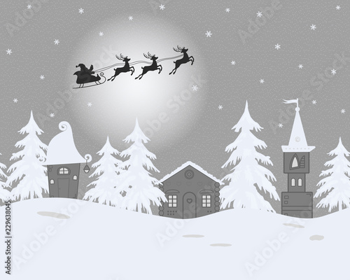 Fairy tale winter landscape. Santa Claus is riding across the sky on deers. There are fantastic lodges and fir trees on a gray background in the picture. It can be used as a seamless border. Vector