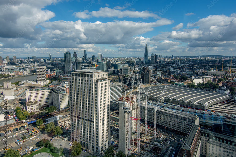 London's Shard aerial city view during an autumn day. Modern city of glass