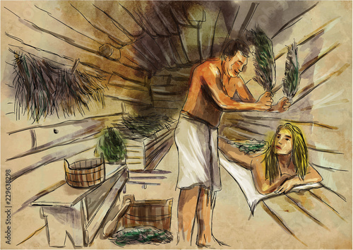 Banya - sauna. An hand drawn illustration. Freehand drawing, painting. Vector