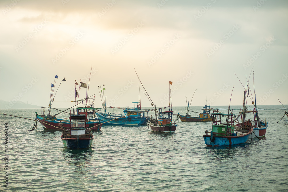 Many fishing boats in the ocean