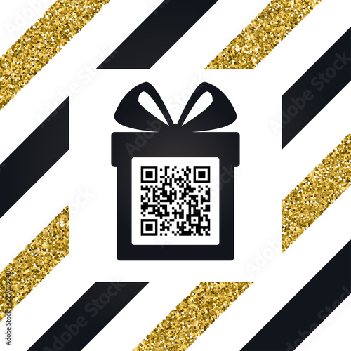 Merry Christmas and Happy New Year Gift box with bow and greetings. Icon. Black and white. Vector QR code. Gift box with a bow. 2019