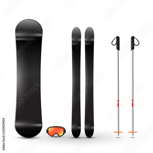 Ski and snowboarding set. Vector Illustration. 