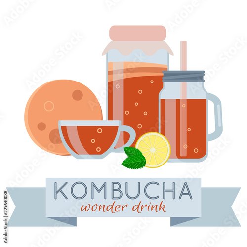Kombucha fermented probiotic tea vector isolated illustration.  Kombucha wonder drink vector set flat style. Mason jar, mug, cup and scoby. Isolated on white background flat style emblem.