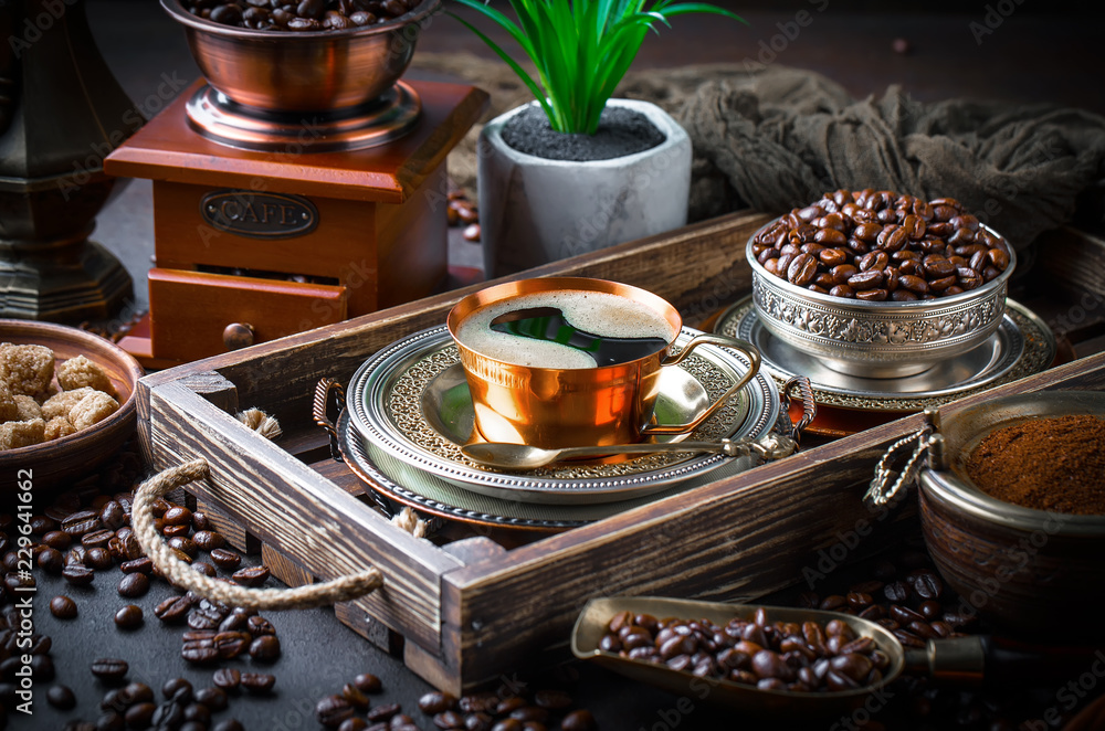 Black coffee on old background Black coffee on old background