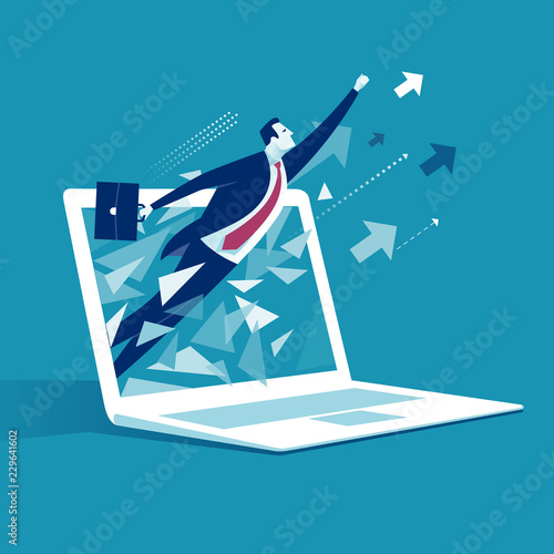 E-commerce Breakthrough.  Businessman breaks surface of laptop monitor. Business vector illustration.